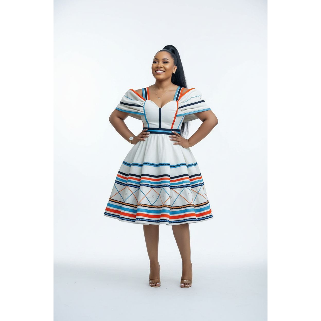 Traditional Off Shoulder Sweetheart Neckline Midi Dress