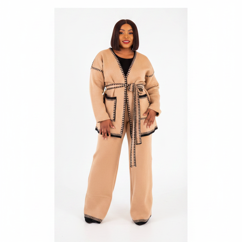 Women's Blanket-Stitch Trim Cardigan & Wide-Leg Pants Set