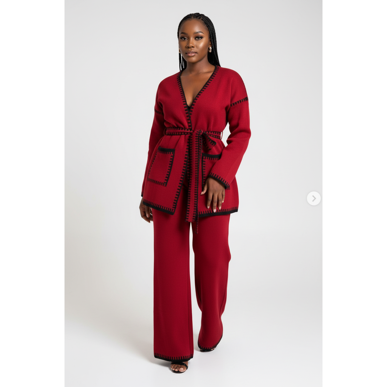 Women's Blanket-Stitch Trim Cardigan & Wide-Leg Pants Set