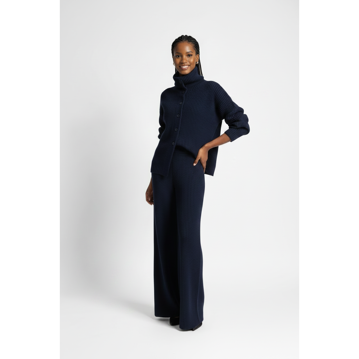 Womens Think Knitted Button-Down Cardigan & Wide-Leg Pants