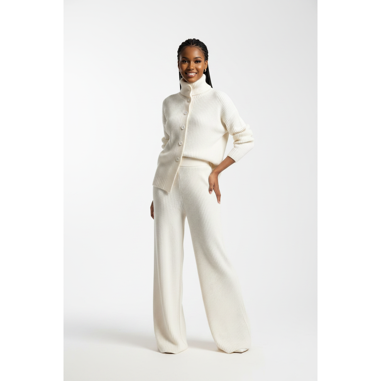 Womens Think Knitted Button-Down Cardigan & Wide-Leg Pants