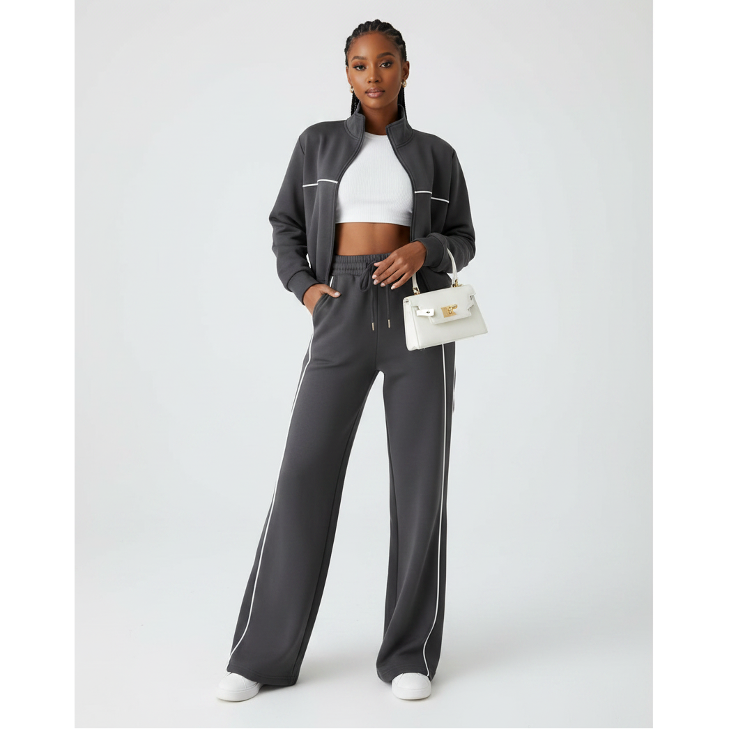 Ladies Cropped Zip-Up Jacket & Wide-Leg pants