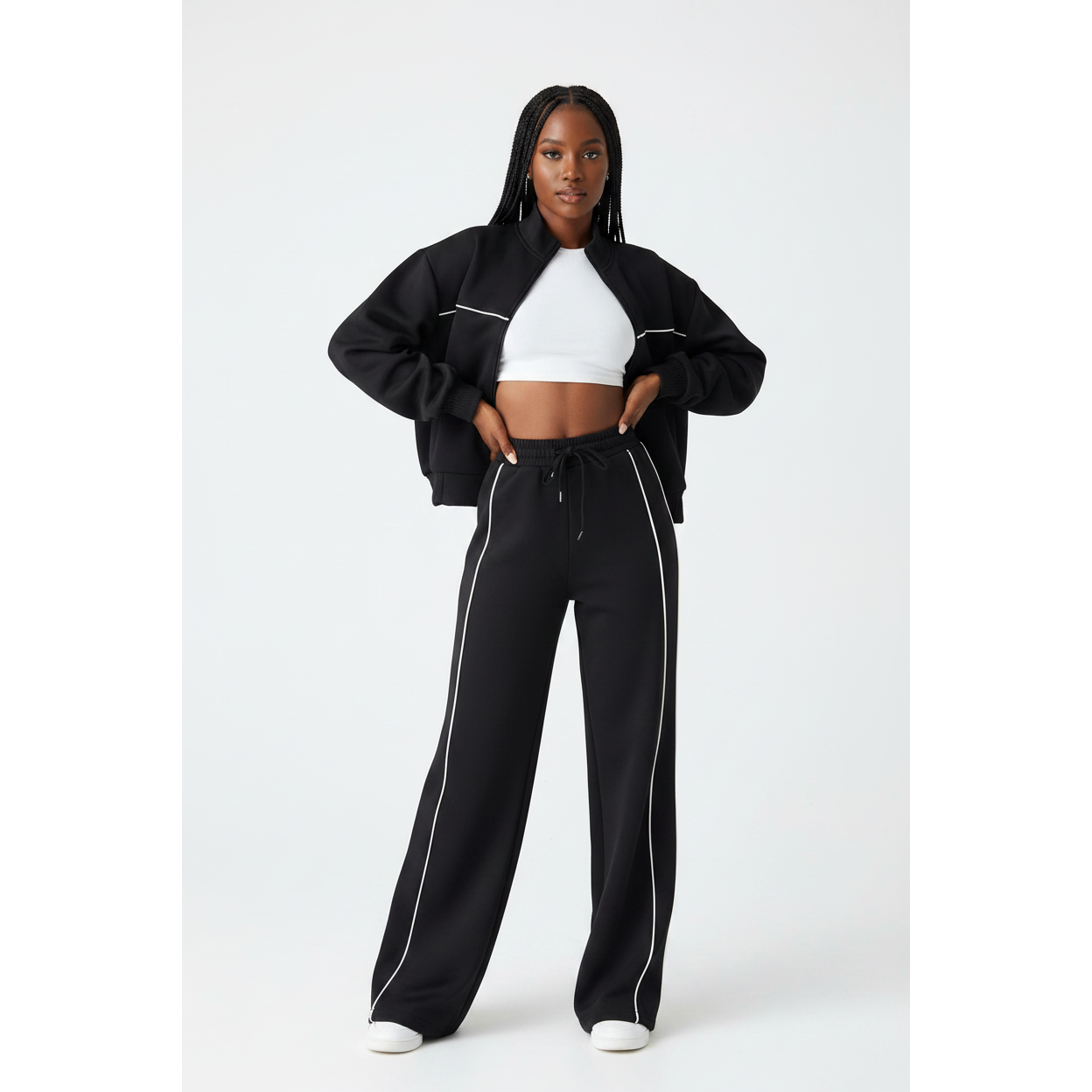 Ladies Cropped Zip-Up Jacket & Wide-Leg pants
