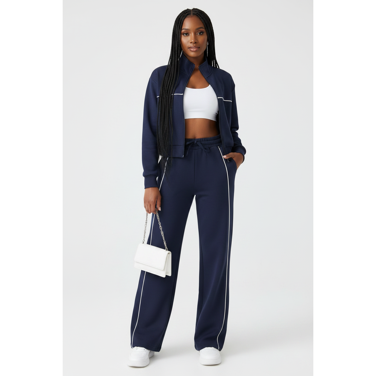 Ladies Cropped Zip-Up Jacket & Wide-Leg pants