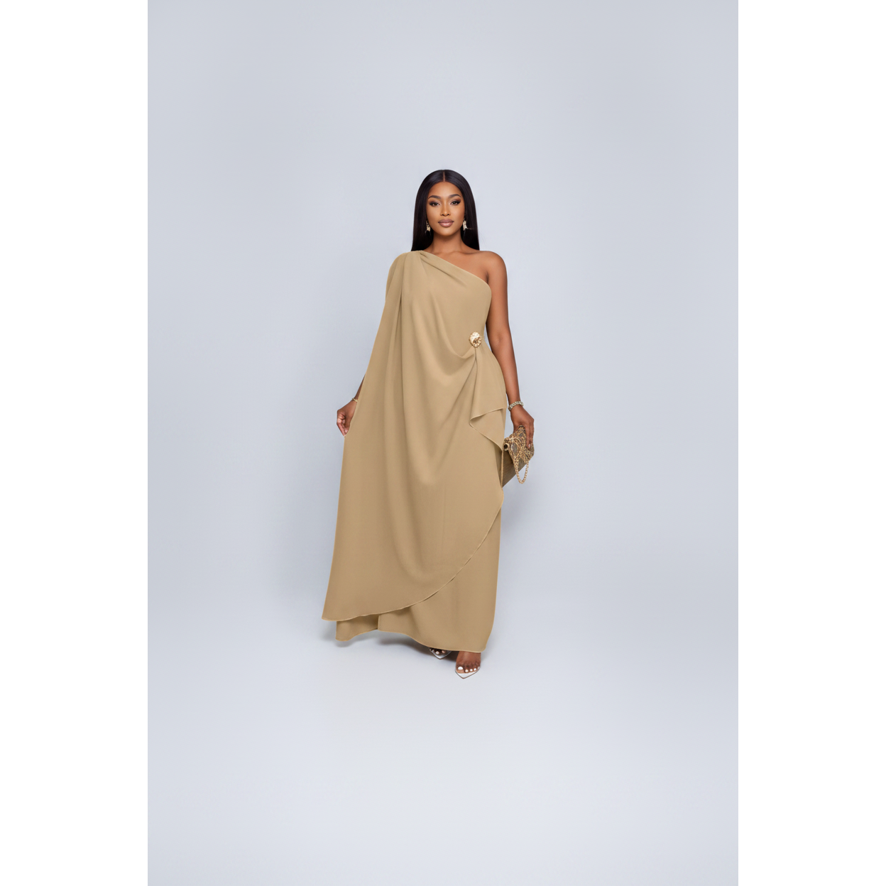 Stylish Sloping Collar Draped Overlay Dress