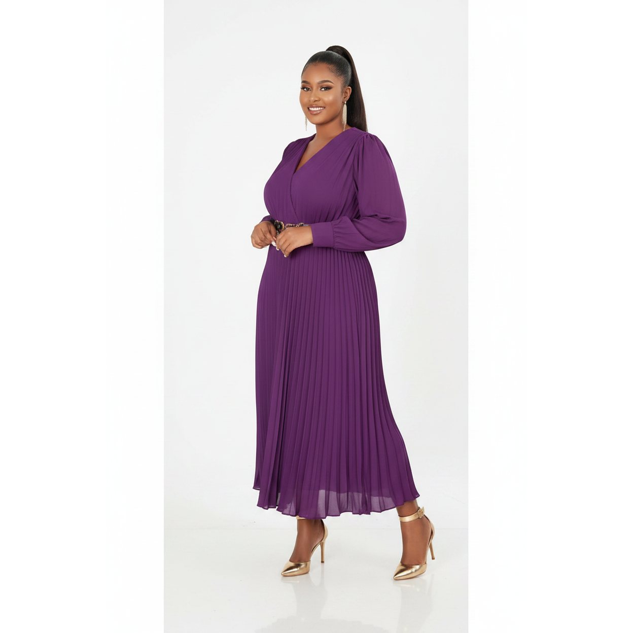 Plus Size Elegant Waist-Cinching Pleated Maxi Dress