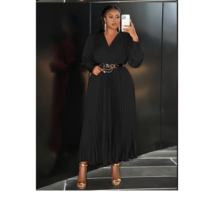 Plus Size Elegant Waist-Cinching Pleated Maxi Dress