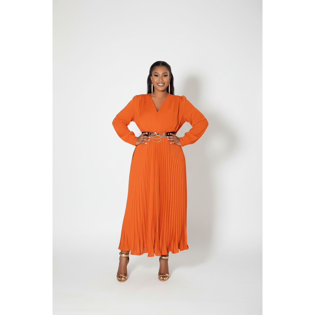 Plus Size Elegant Waist-Cinching Pleated Maxi Dress