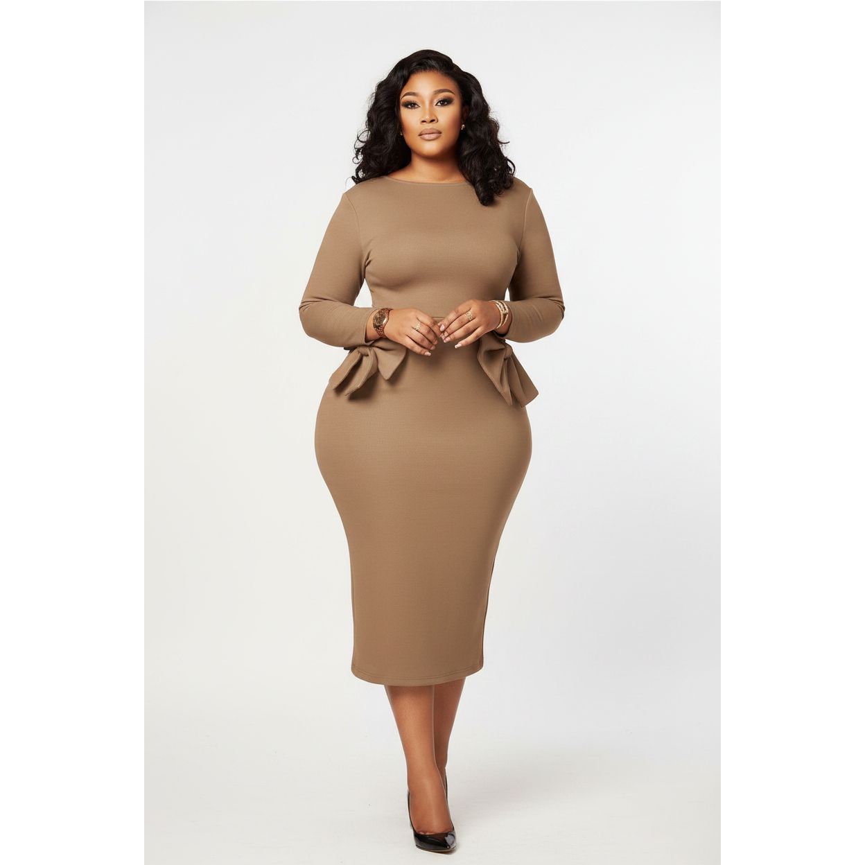 Classy Plus Size Bow Ruffle Pencil Dress