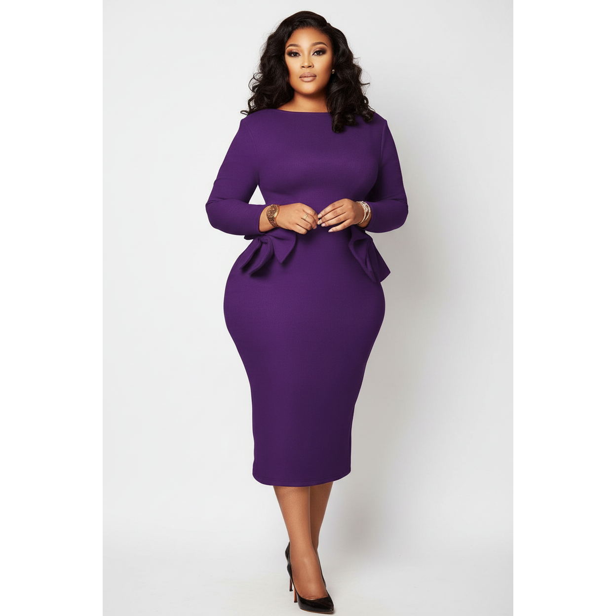Classy Plus Size Bow Ruffle Pencil Dress