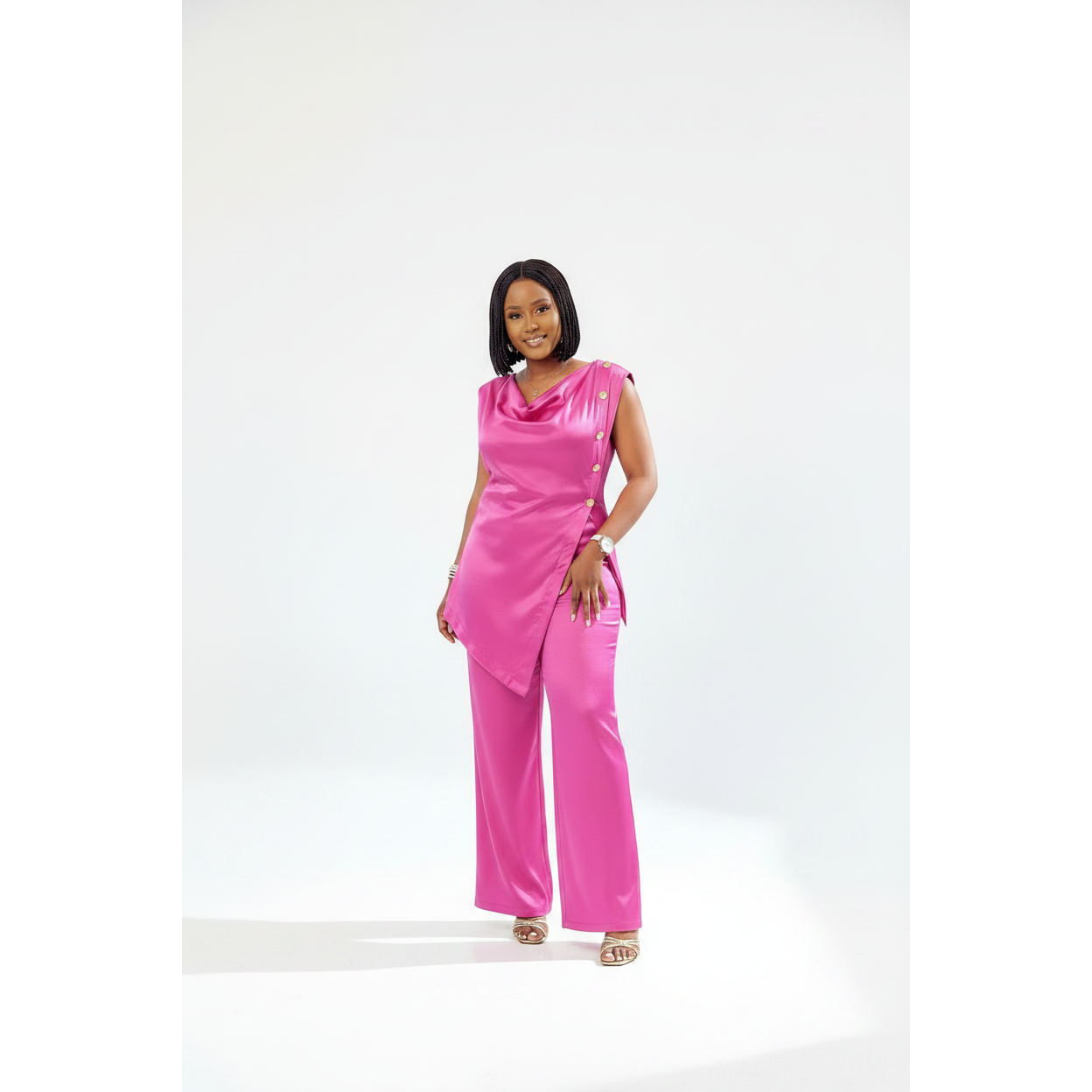 Satin Sleeveless Drape-Neck Top & High Waist Pants Set
