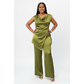 Satin Sleeveless Drape-Neck Top & High Waist Pants Set