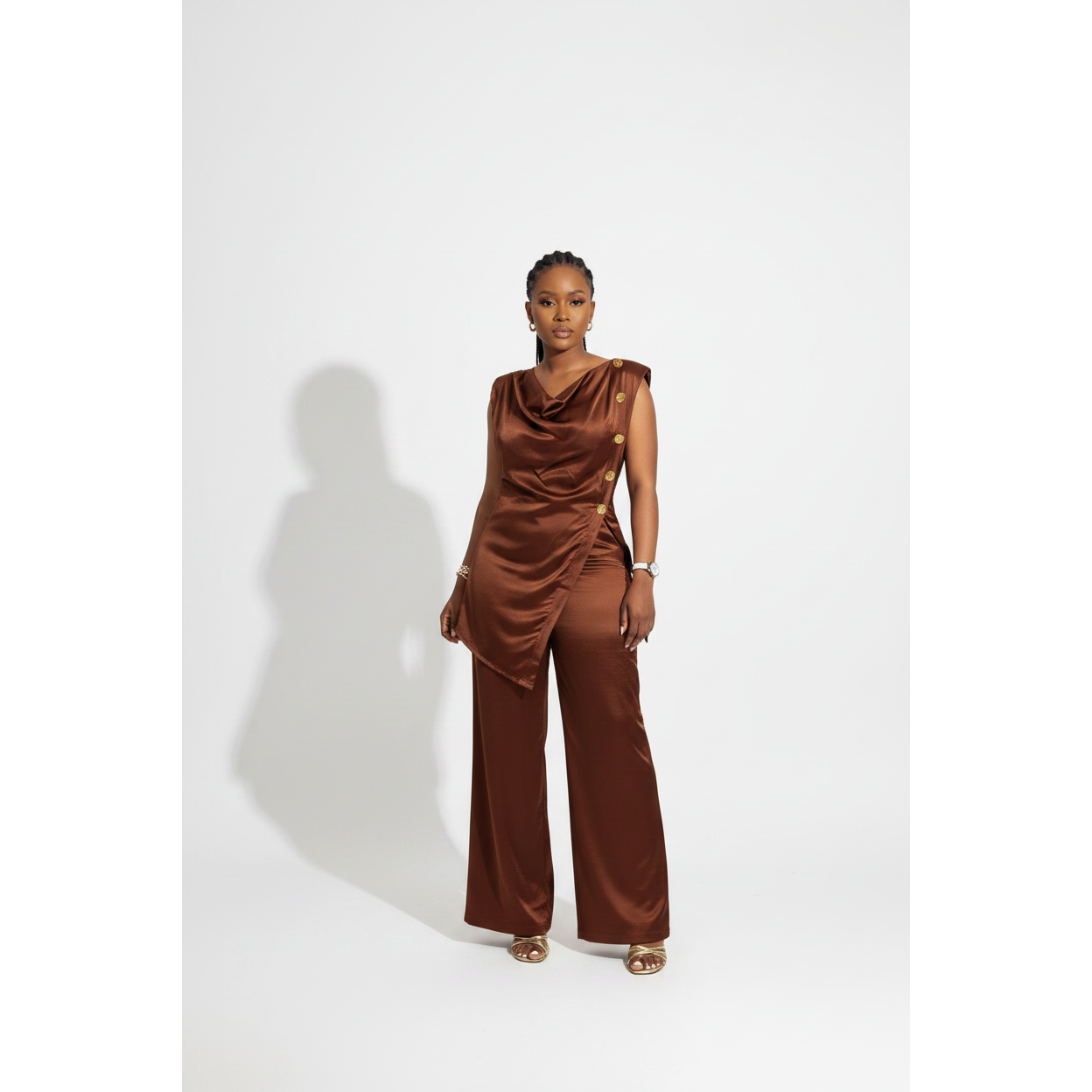 Satin Sleeveless Drape-Neck Top & High Waist Pants Set