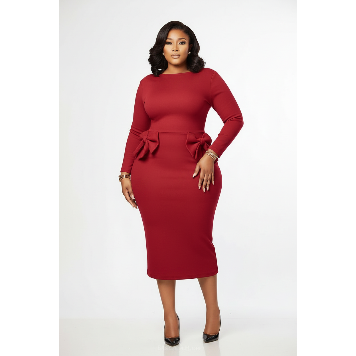 Classy Plus Size Bow Ruffle Pencil Dress