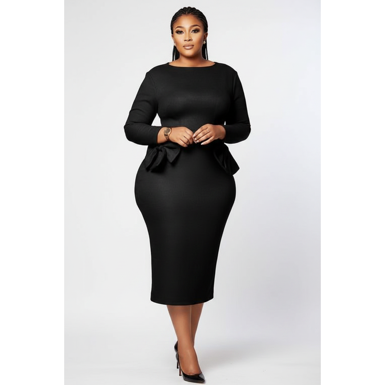 Classy Plus Size Bow Ruffle Pencil Dress