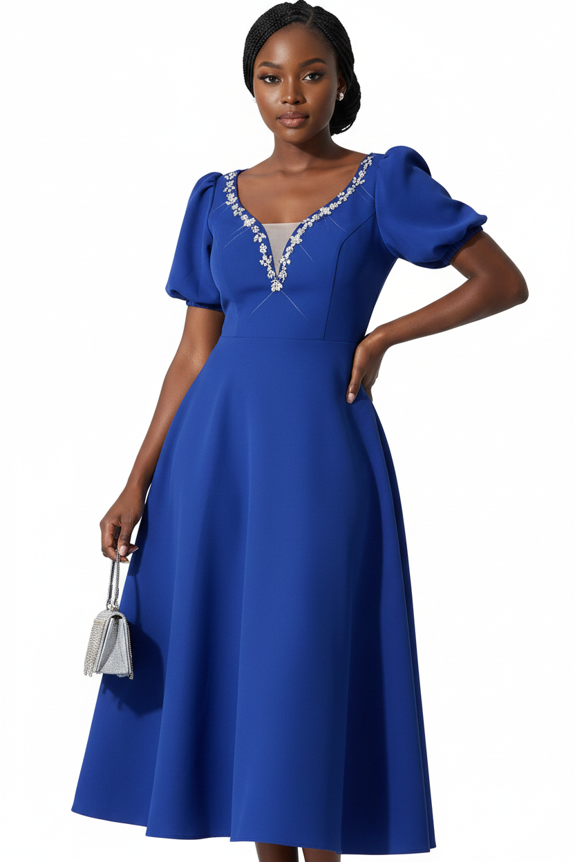 Elegant Plus Size Embellished V-Neckline Midi Dress