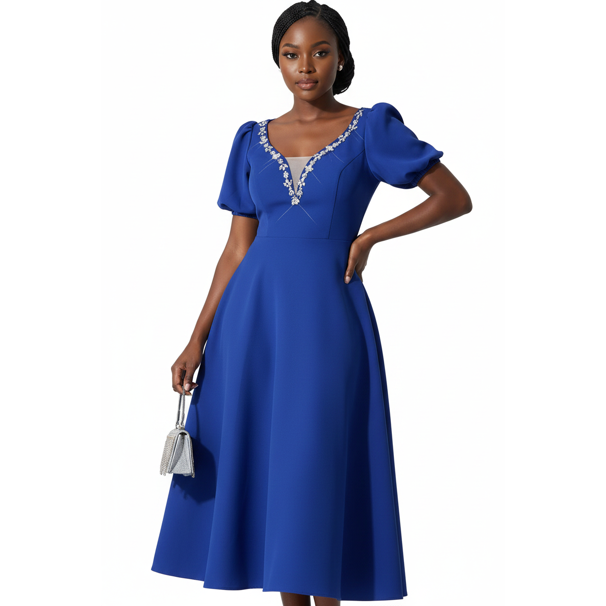 Elegant Plus Size Embellished V-Neckline Midi Dress