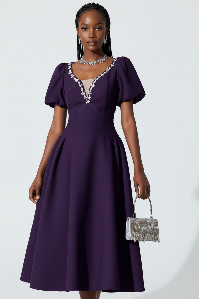 Elegant Plus Size Embellished V-Neckline Midi Dress