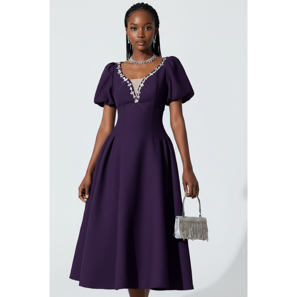 Elegant Plus Size Embellished V-Neckline Midi Dress – YELLOW SUB
