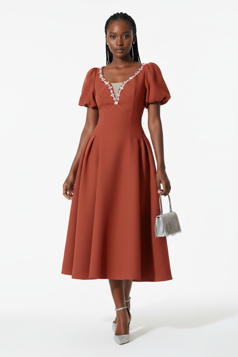 Elegant Plus Size Embellished V-Neckline Midi Dress