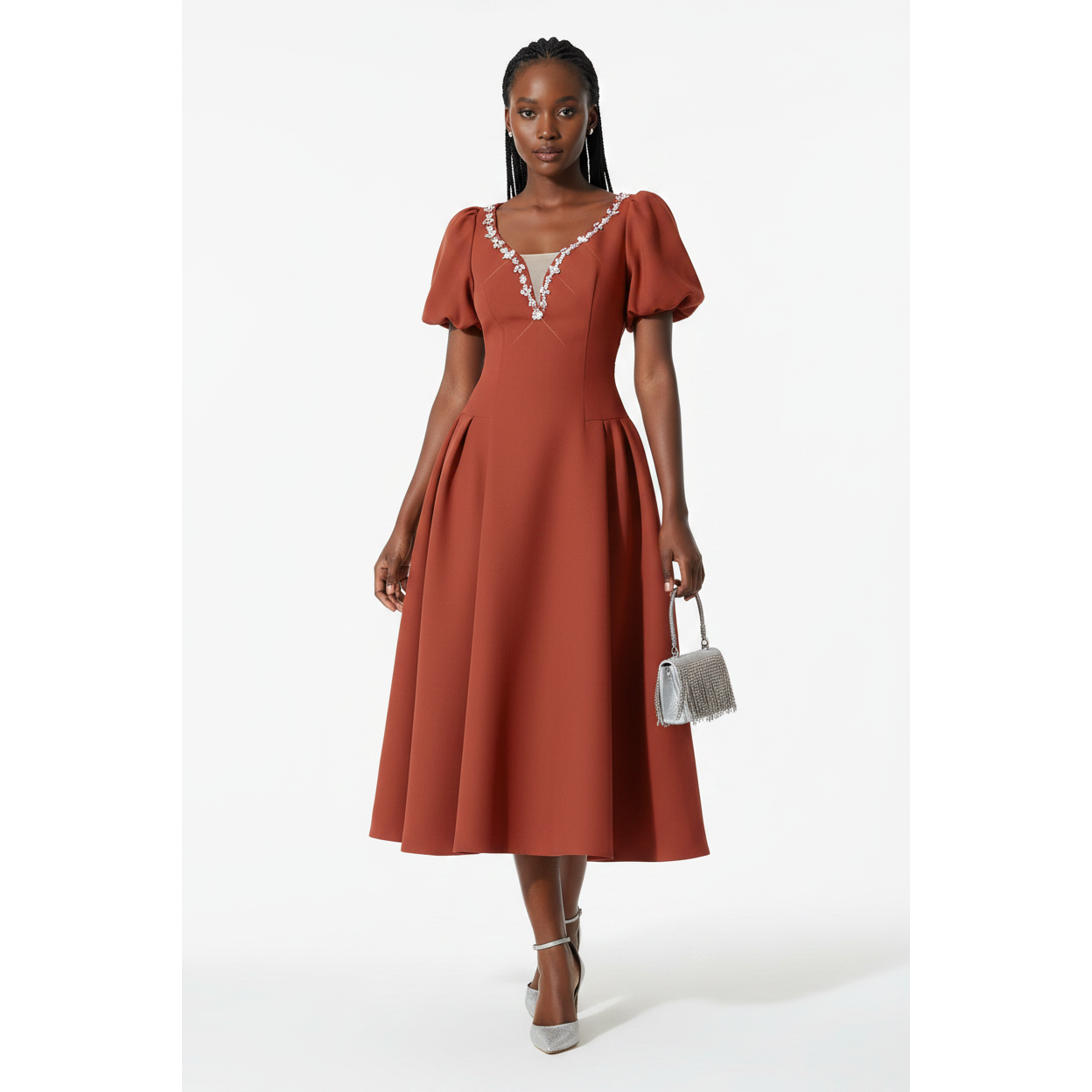 Elegant Plus Size Embellished V-Neckline Midi Dress