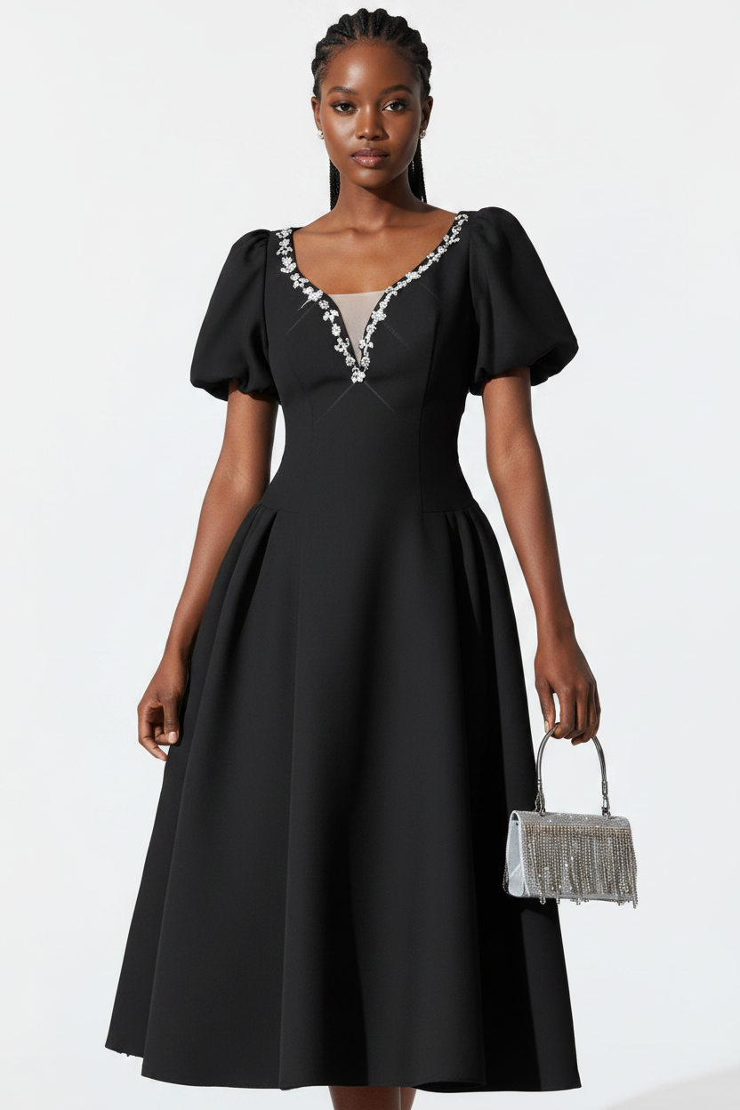 Elegant Plus Size Embellished V-Neckline Midi Dress