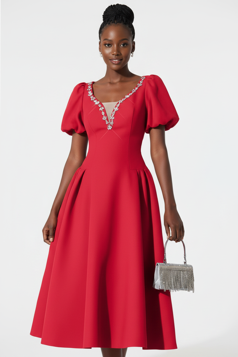 Elegant Plus Size Embellished V-Neckline Midi Dress