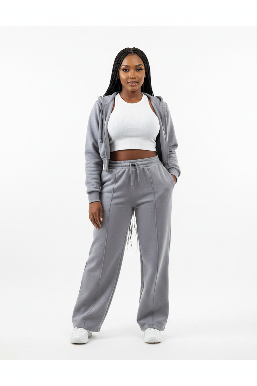 Two Piece Wide Leg Tracksuit Set – Zip-Up Hoodie & Pants