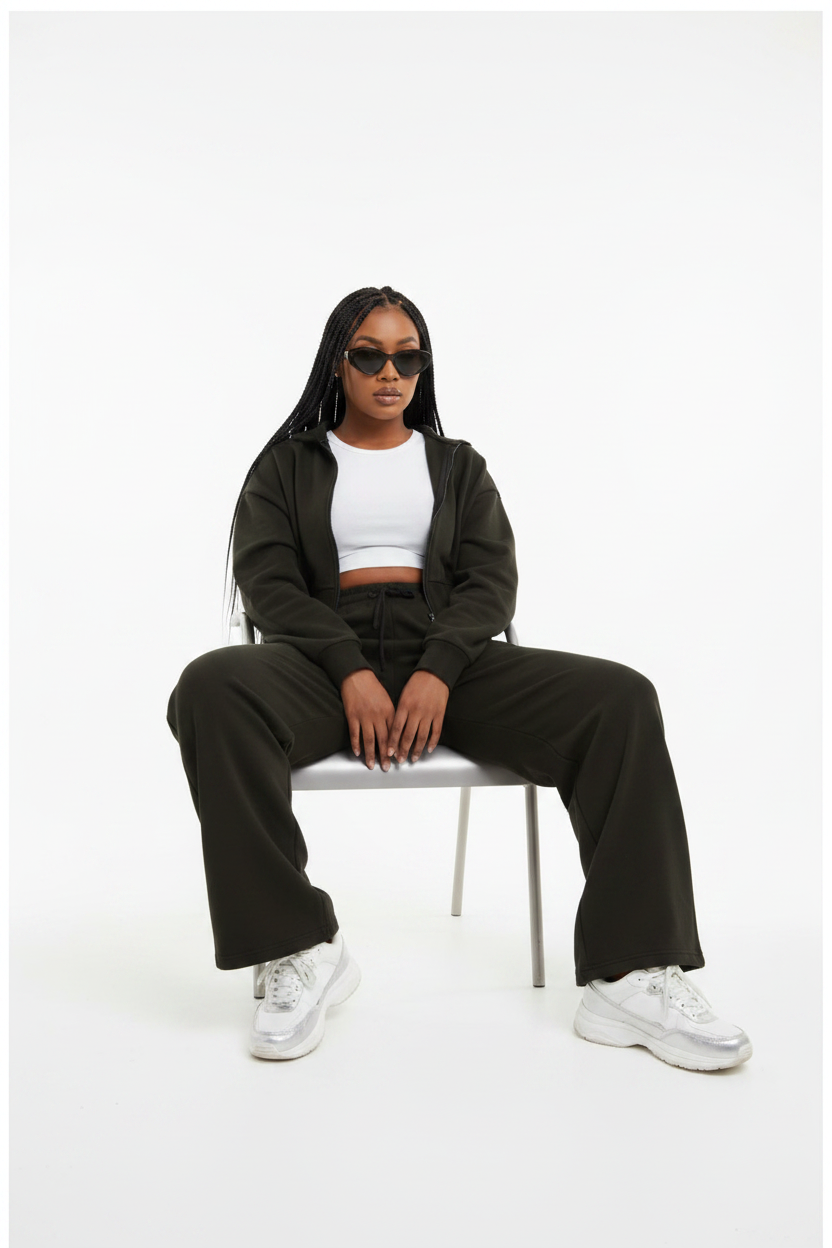 Two Piece Wide Leg Tracksuit Set – Zip-Up Hoodie & Pants