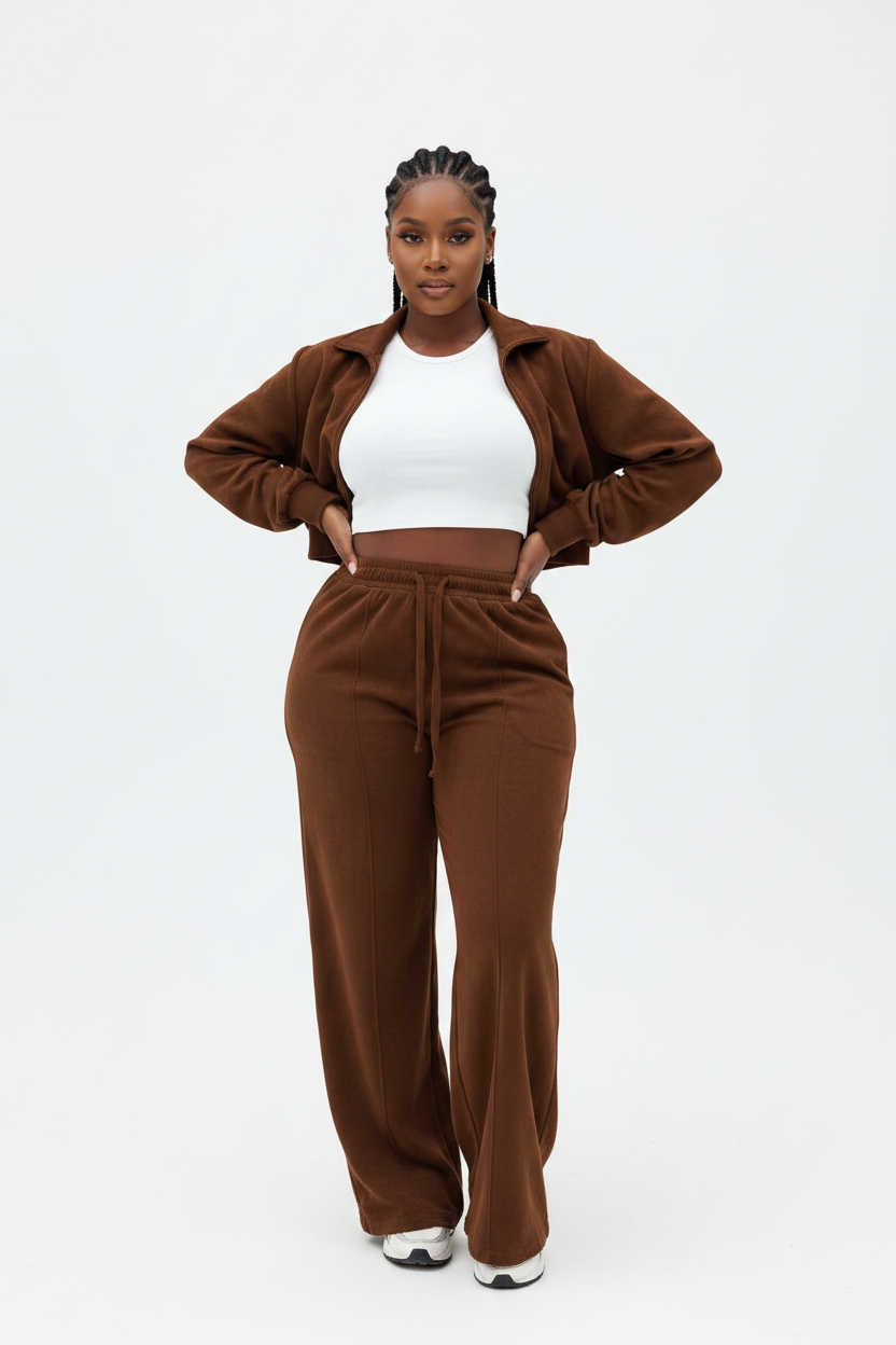 Two Piece Wide Leg Tracksuit Set – Zip-Up Hoodie & Pants