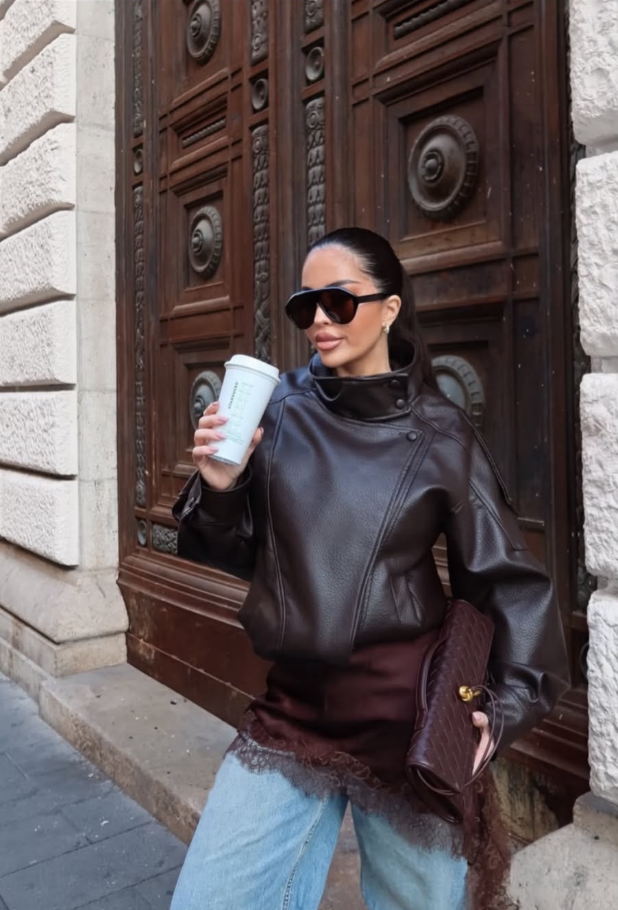 Faux Leather Oversized High Neck Biker Jacket