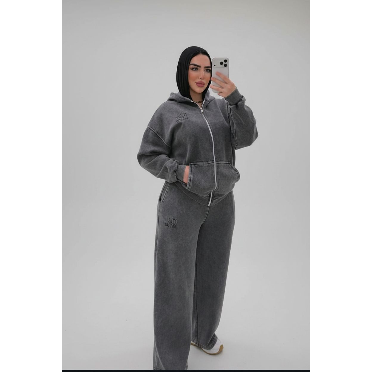 Charcoal-Washed Full-Zip Hoodie & Wide Leg Pants