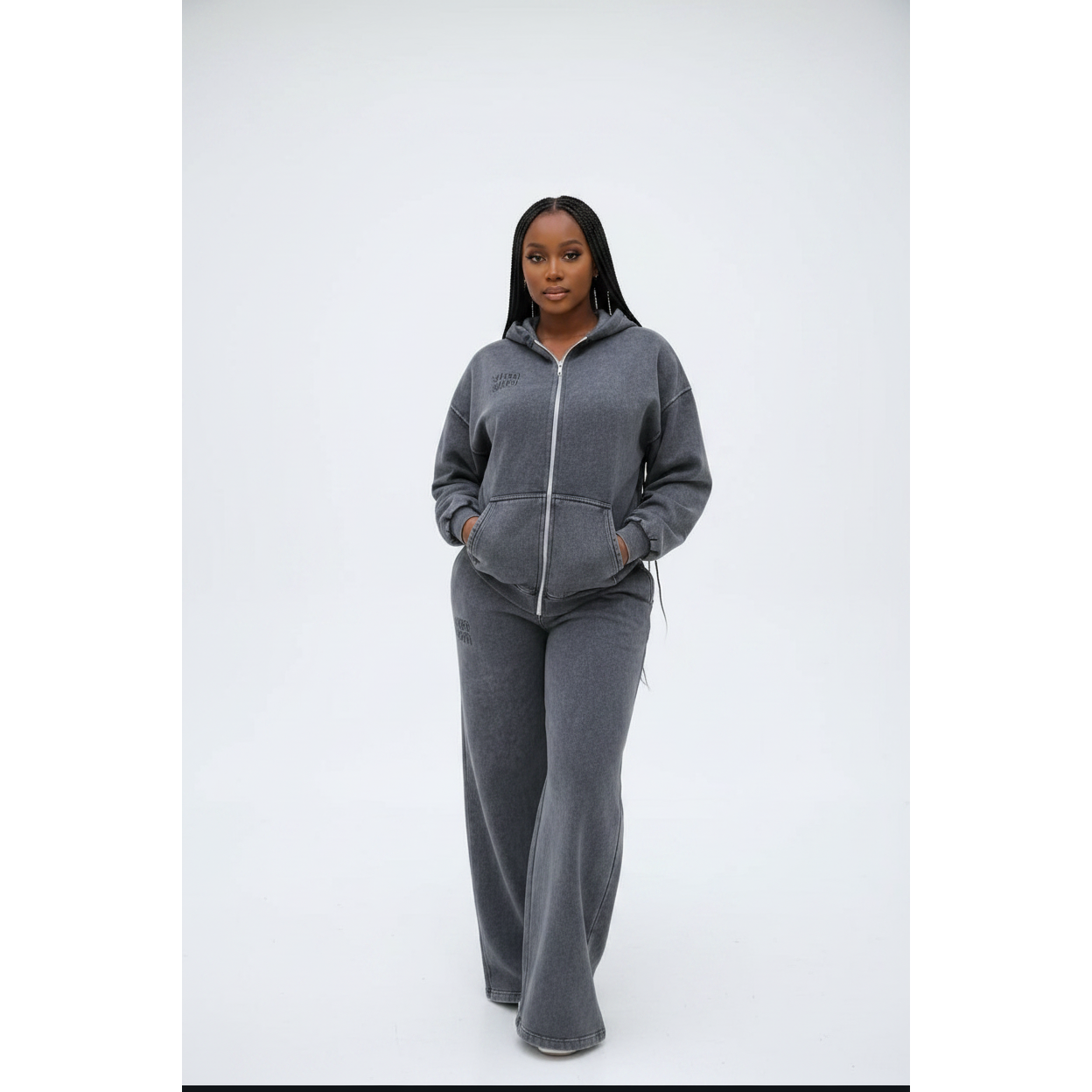 Charcoal-Washed Full-Zip Hoodie & Wide Leg Pants