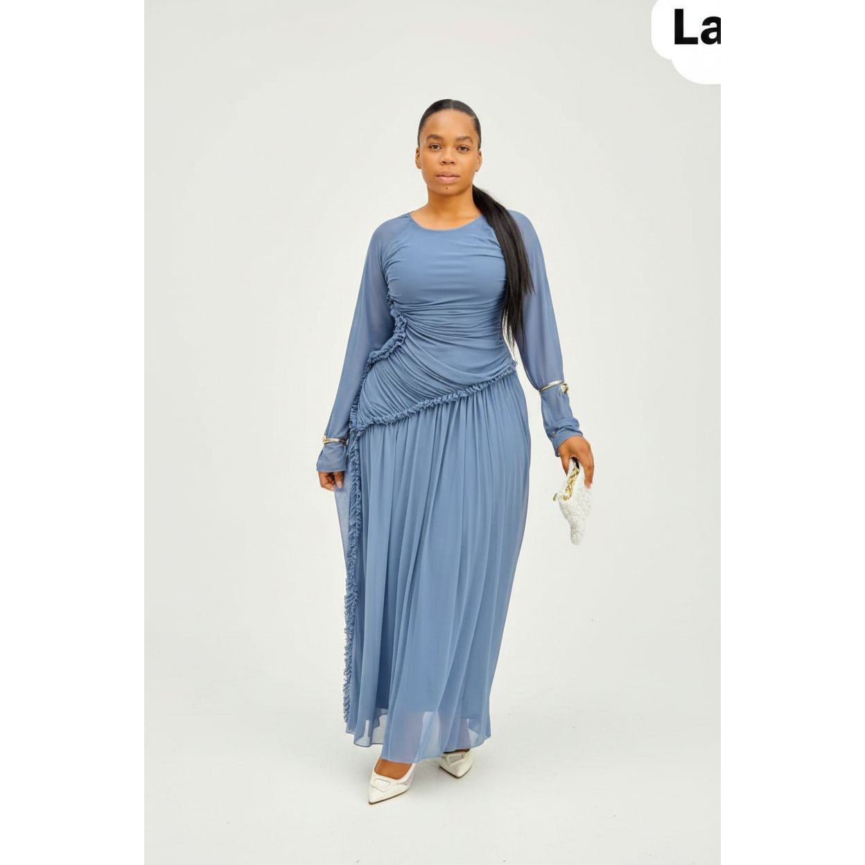 Ladies Round Neck Ruched & Draped Ruffle Dress