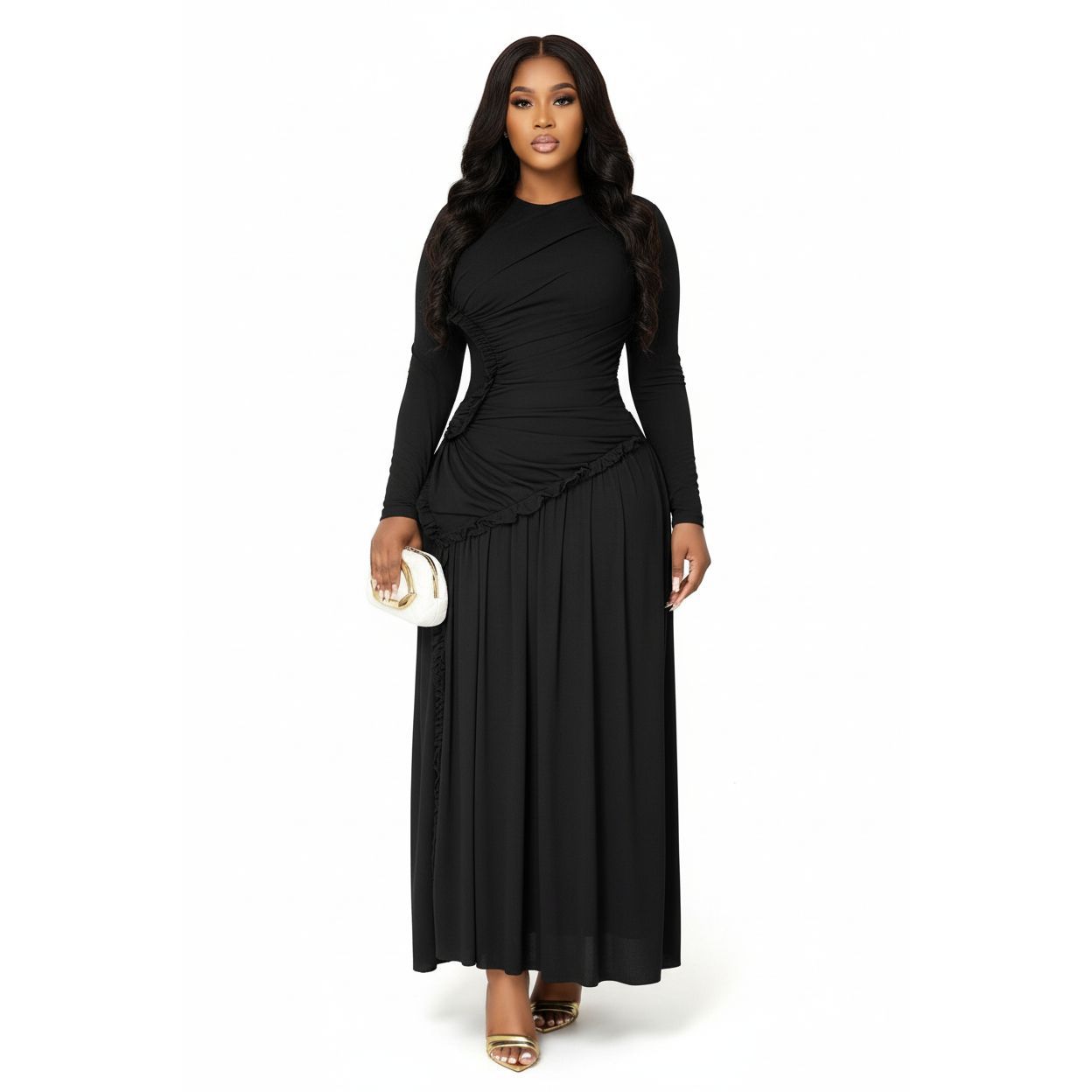 Ladies Round Neck Ruched & Draped Ruffle Dress