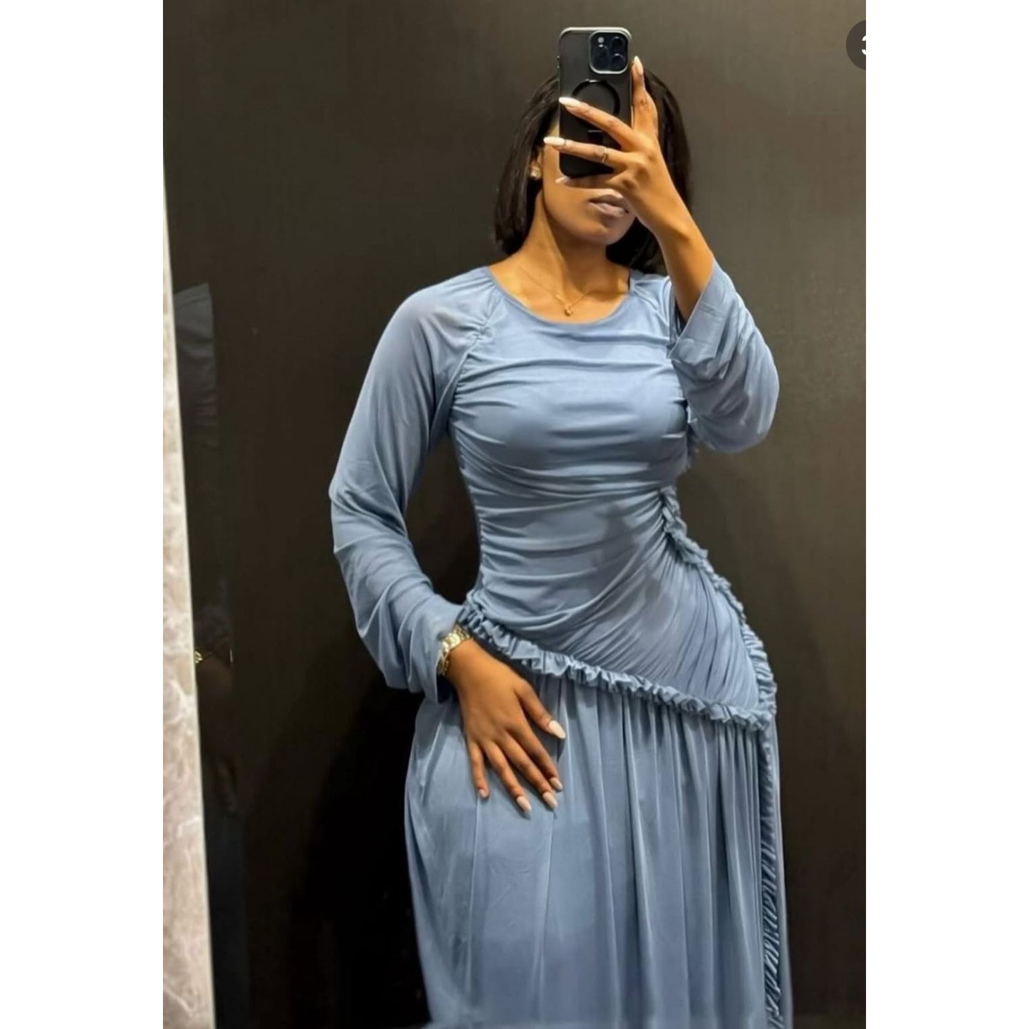 Ladies Round Neck Ruched & Draped Ruffle Dress