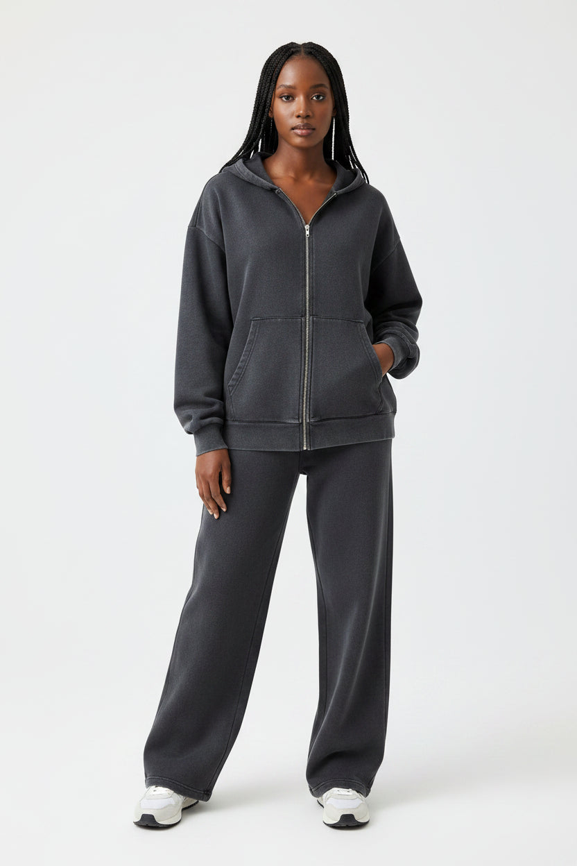 Charcoal-Washed Full-Zip Hoodie & Wide Leg Pants