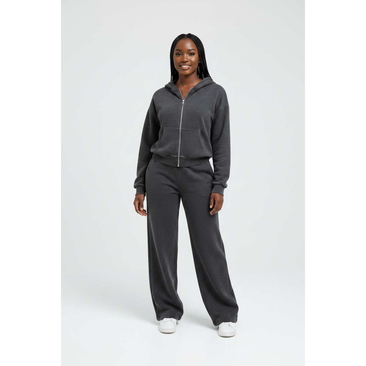 Charcoal-Washed Full-Zip Hoodie & Wide Leg Pants