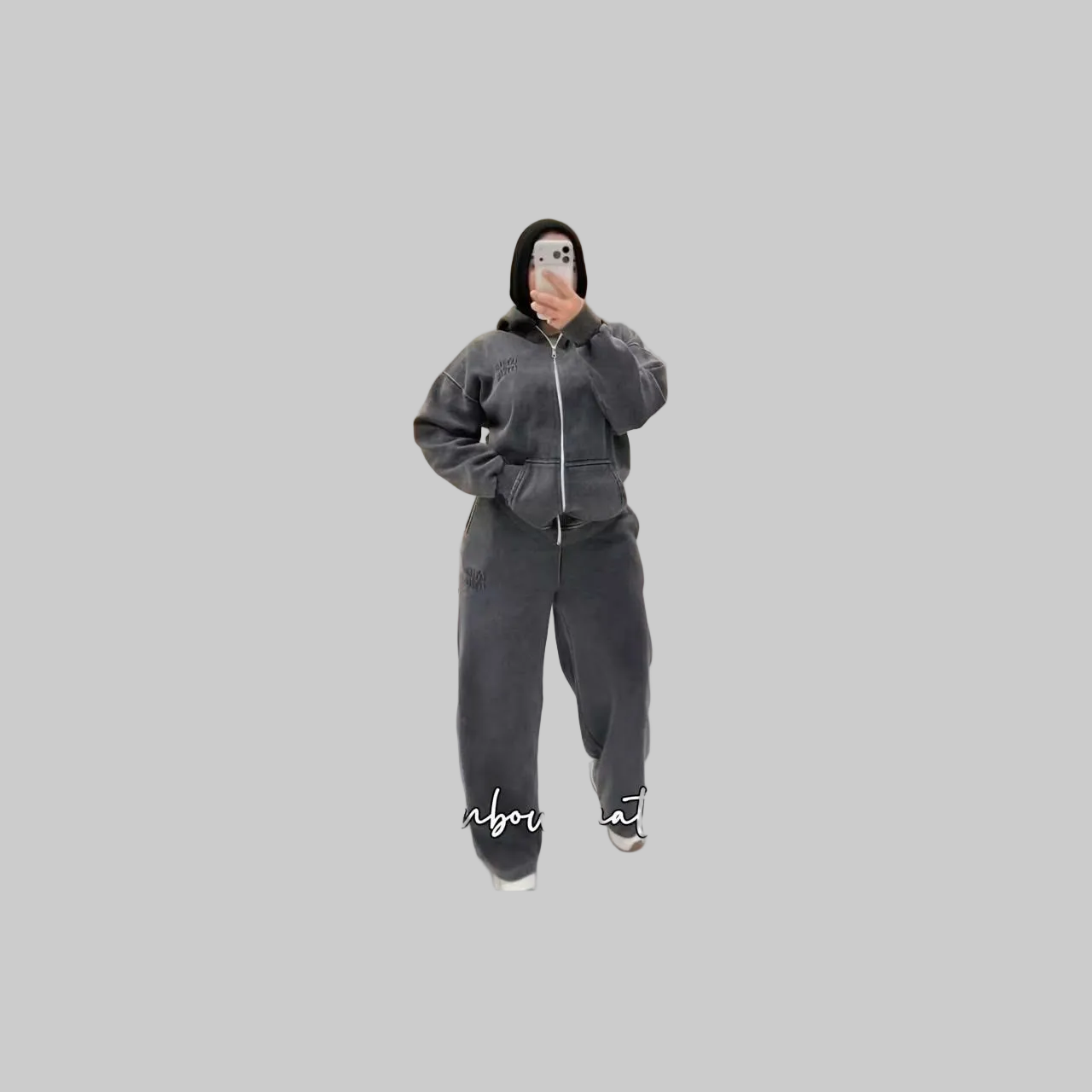 Charcoal-Washed Full-Zip Hoodie & Wide Leg Pants