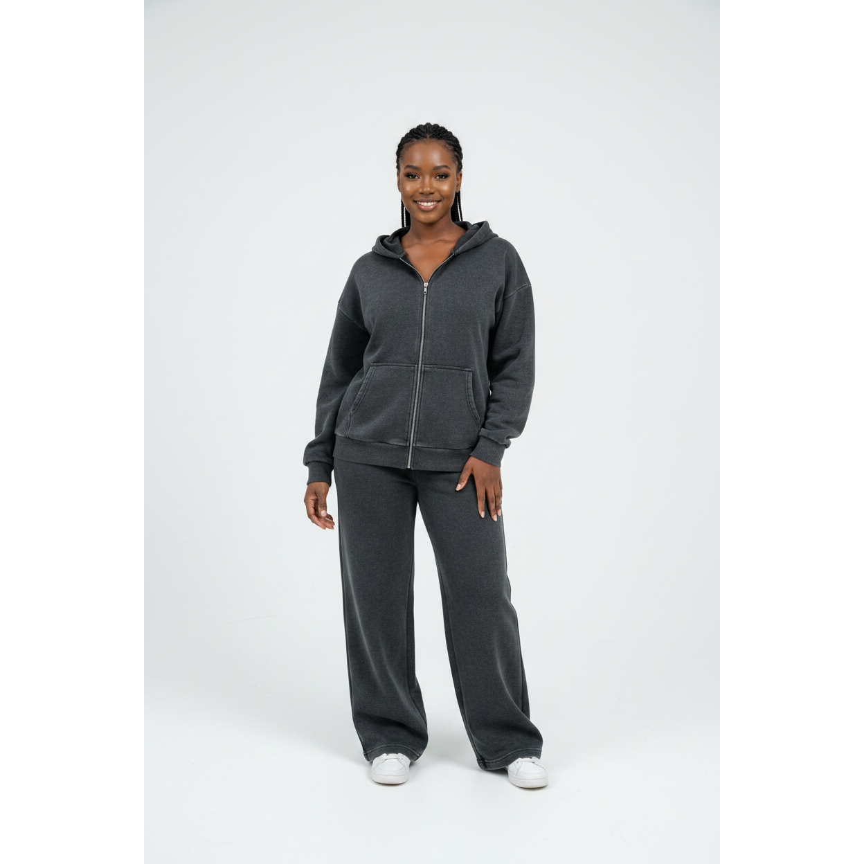 Charcoal-Washed Full-Zip Hoodie & Wide Leg Pants