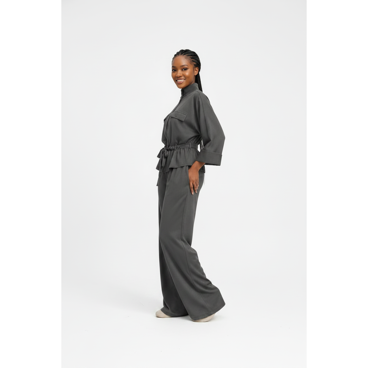 Faux Suede High-Neck Collar Top & Wide Leg Elasticated Pants