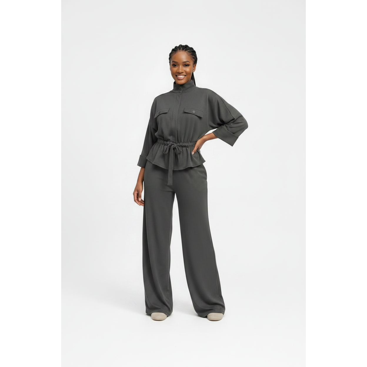 Faux Suede High-Neck Collar Top & Wide Leg Elasticated Pants