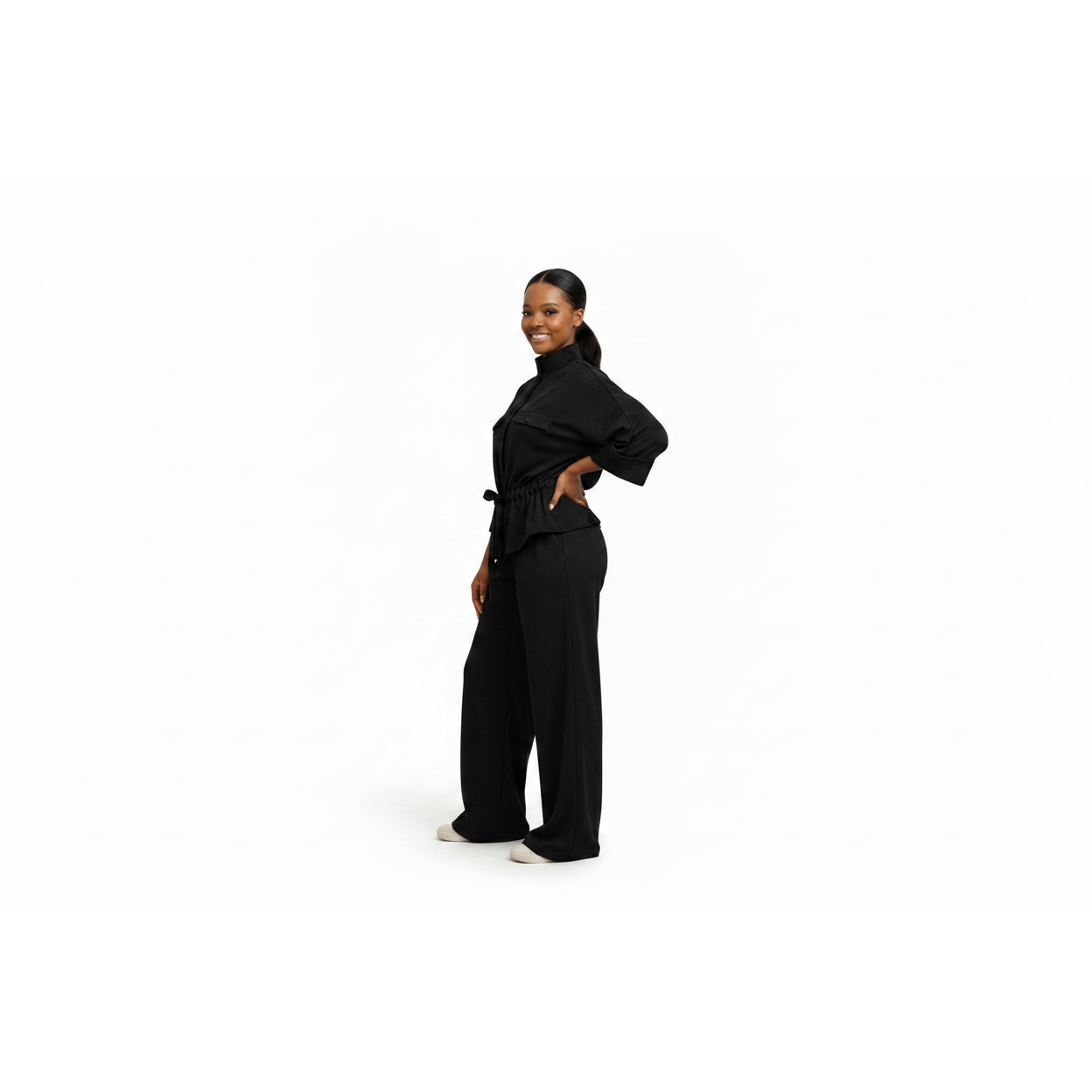 Faux Suede High-Neck Collar Top & Wide Leg Elasticated Pants