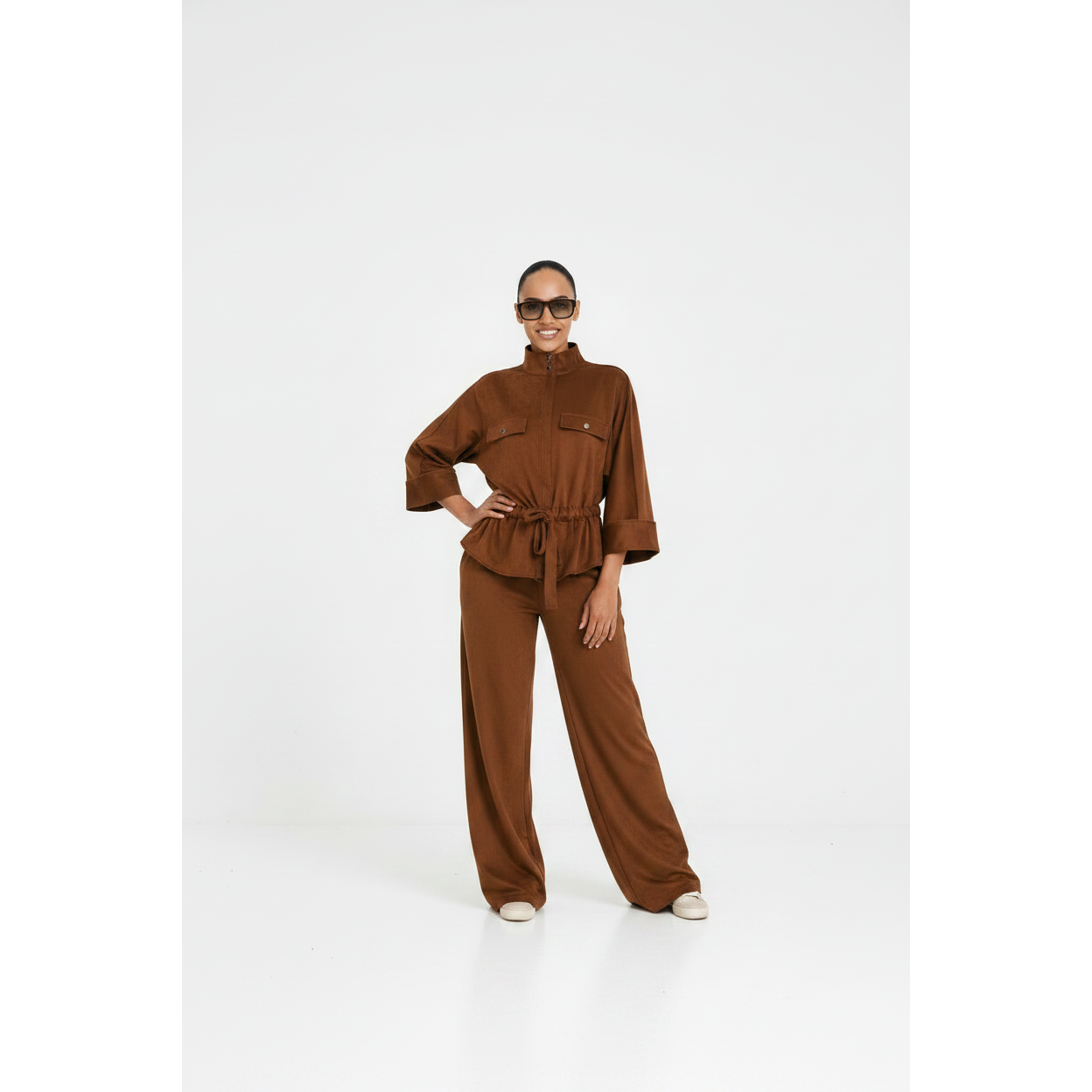 Faux Suede High-Neck Collar Top & Wide Leg Elasticated Pants