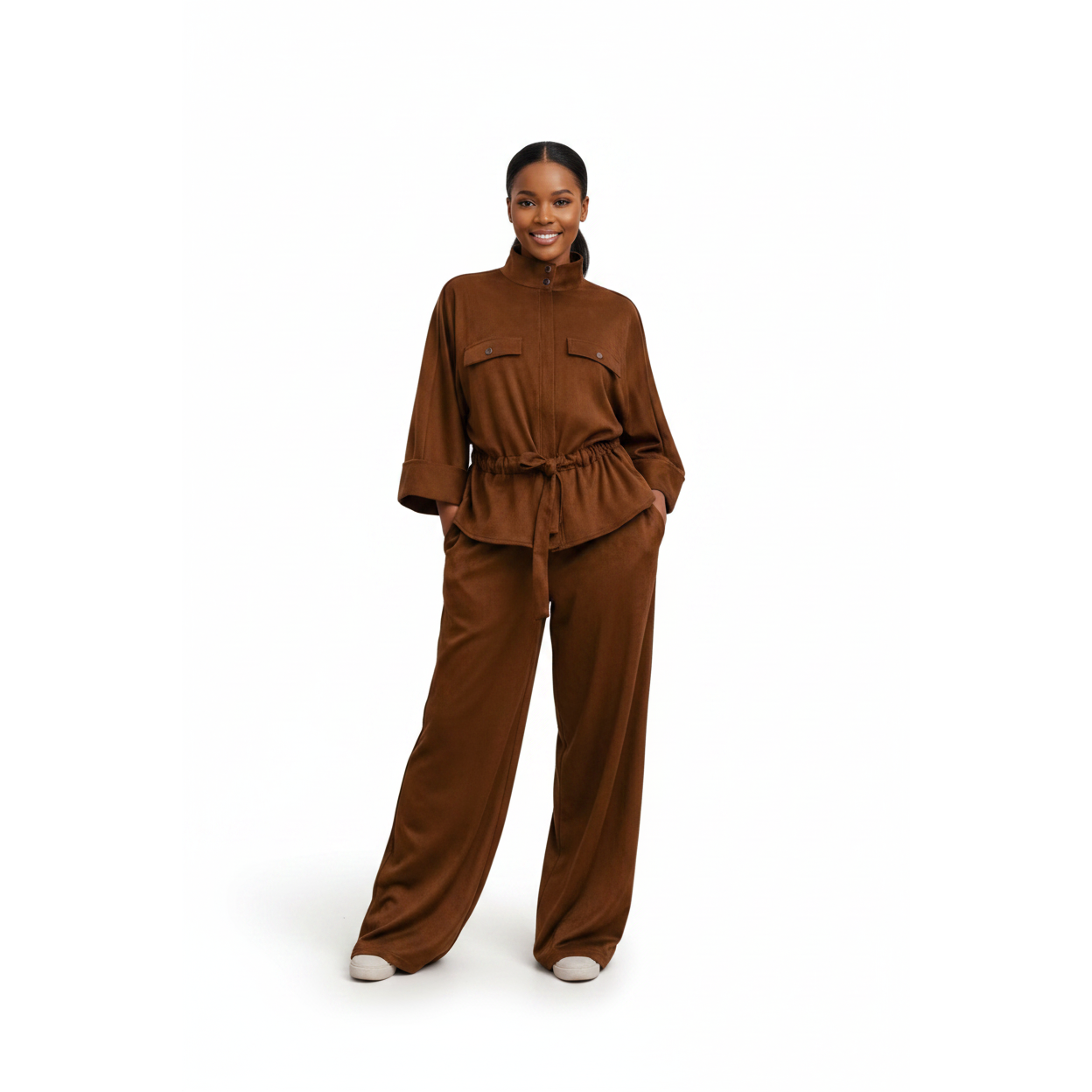 Faux Suede High-Neck Collar Top & Wide Leg Elasticated Pants