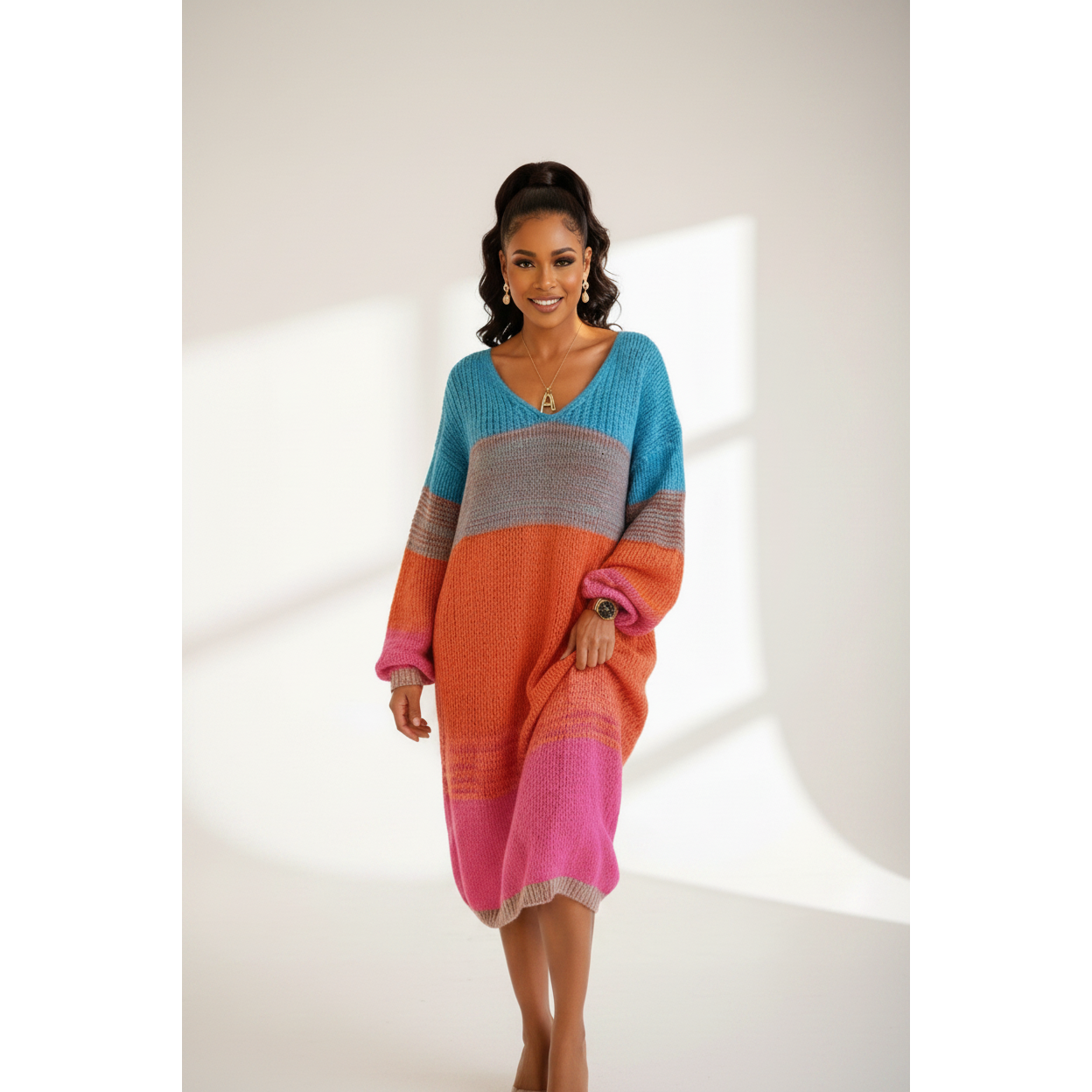 Ladies Color-Block Knitted Sweater Dress