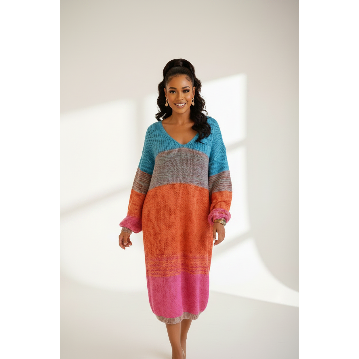 Ladies Color-Block Knitted Sweater Dress