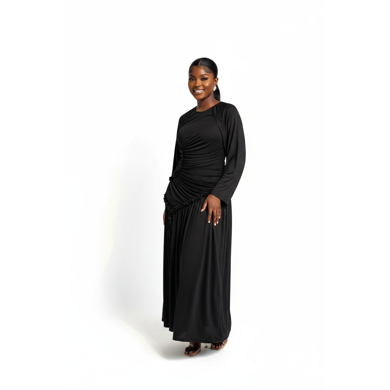 Ladies Round Neck Ruched & Draped Ruffle Dress