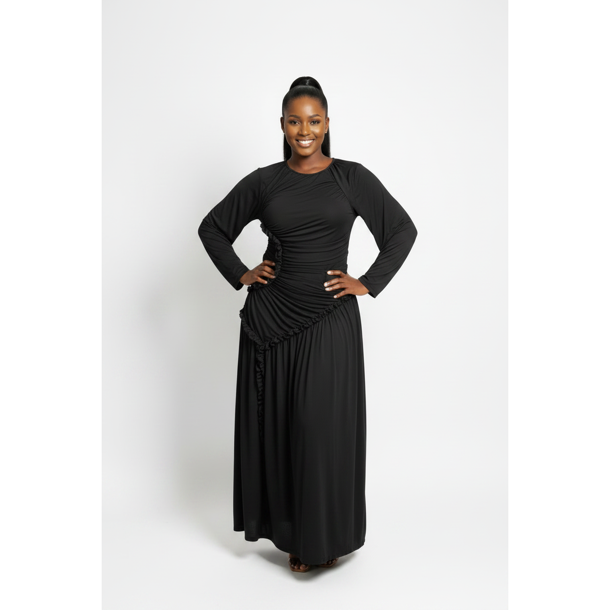 Ladies Round Neck Ruched & Draped Ruffle Dress