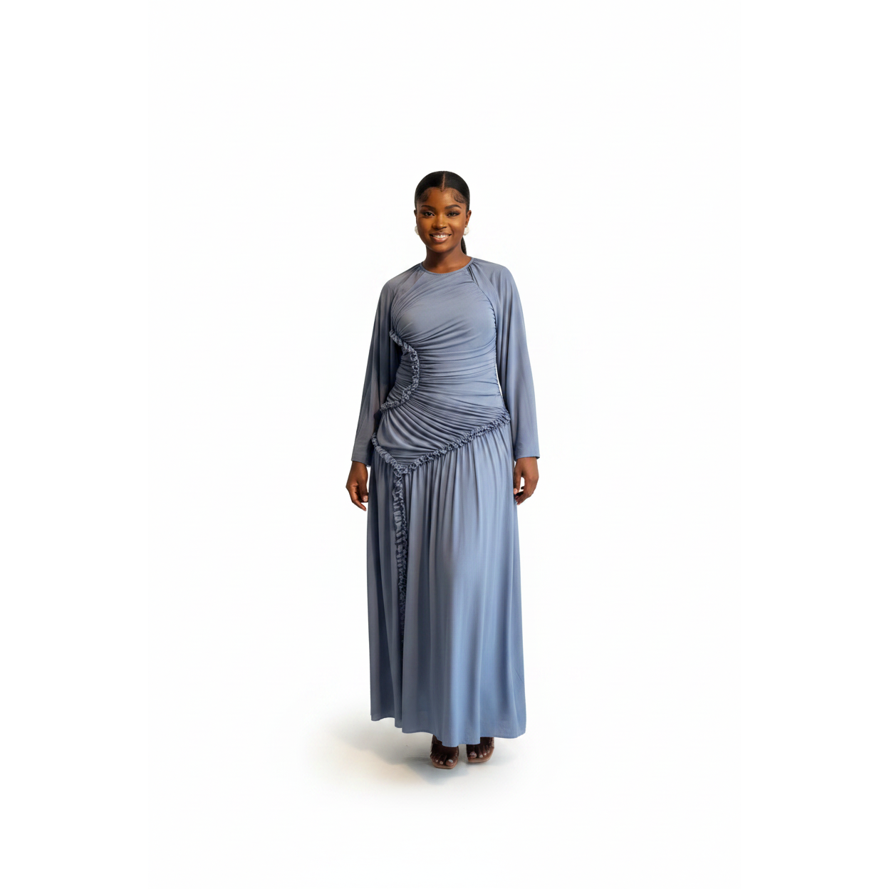 Ladies Round Neck Ruched & Draped Ruffle Dress